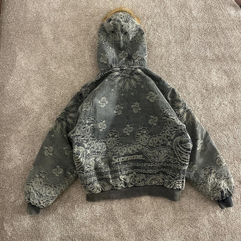 Supreme Gray Patterned Bomber Jacket With Fur Hood - image 4